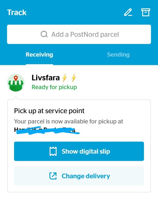 Skärmdump av ett paketspårningsinterface med status "Redo för upphämtning".