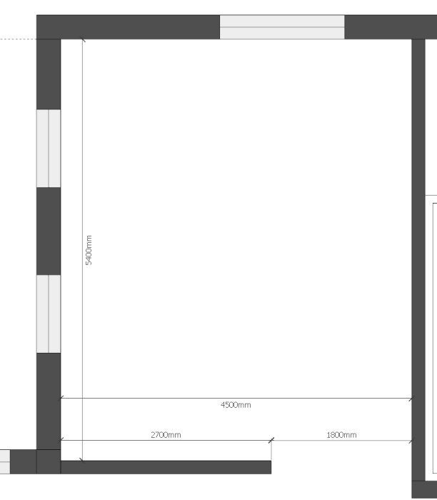 Arkitektonisk ritning av ett förstorat kök med dimensioner för köksön och gångvägar angivna.