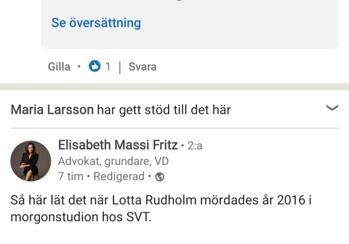 Skärmbild från LinkedIn med användarkommentarer och reaktioner.