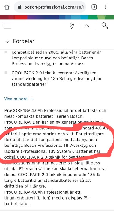 Skärmdump av en webbsida med text om Bosch ProCORE18V 4.0Ah batteriets fördelar och tekniska specifikationer.