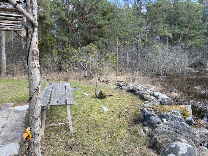 Vattensamling nära grävningsplats för utekök, stenmur och trädgård i skogsmiljö.