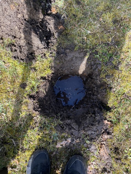 Grävd grop i marken med vatten för planering av utekök, gräsmatta och jord syns.