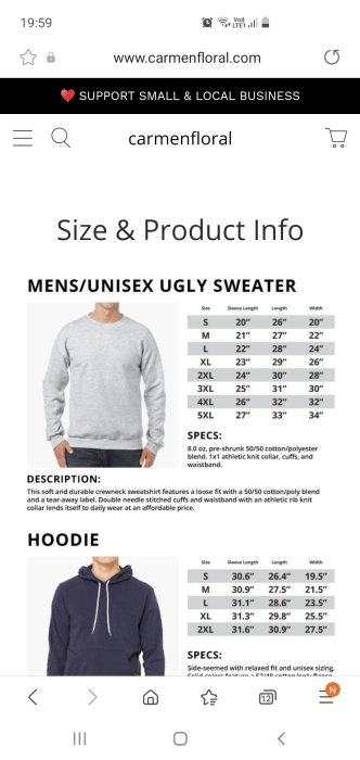 Skärmavbild av storleks- och produktinformation för mäns/unisex tröja och hoodie med storleksmått.