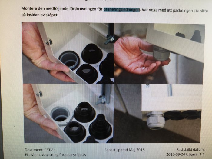 En hand som visar montering av svart svallerrör i vit box, och en grå genomföring monterad nära bottenskiktet.
