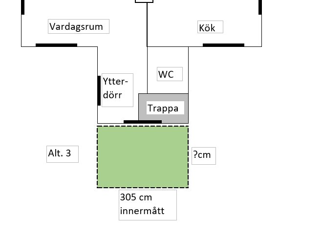 Enkelt planritningsskiss som visar en tänkt byggutvidgning, märkt "Alt. 3", bredvid ett kök och ett vardagsrum i ett hus.