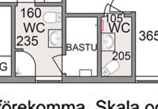 Ritning av badrumsplan med markerat fördelarskåp i rosa och skvallerrör i blått.