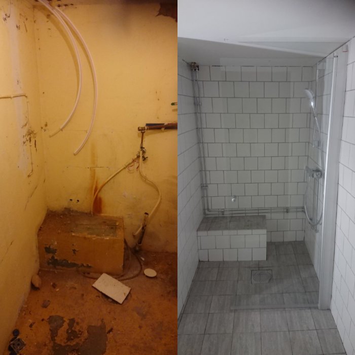 Källarföre-och-efter-renovering, vänster ogjort, höger nytt kaklat duschrum.