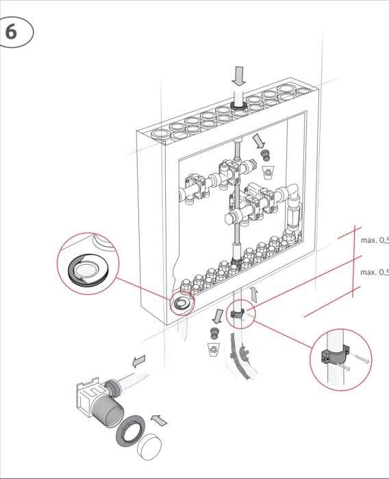 Illustration av en fördelningskåps monteringsanvisning med detaljerade delar och måttangivelser.