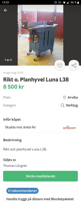 Blå rikt- och planhyvel Luna L38 i ett verkstadsutrymme, till salu för 8500 kr.