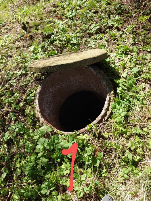 Bild av en öppen brunnsring med lock i naturen markerad med siffran 1, möjlig vattenbrunn.