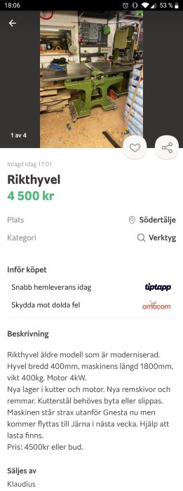 Grön rikthyvel i en verkstadslokal med verktygstavla och arbetsbänk i bakgrunden.