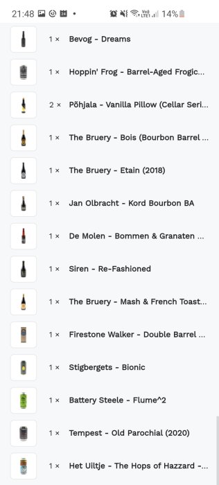 Skärmdump av en ölbeställning från Beerdome med olika bryggerier och öltyper.