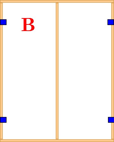 Schematisk illustration av resårbottenkonstruktion för sängskåp, variant B markerat, med långa reglar och benpositioner.