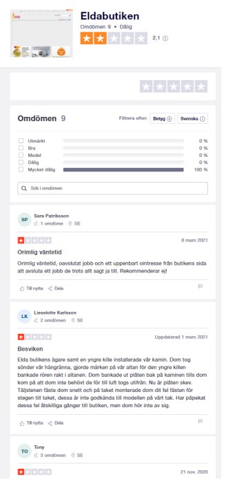 Skärmdump av Trustpilot-webbsida som visar dåliga kundrecensioner för Eldabutiken.