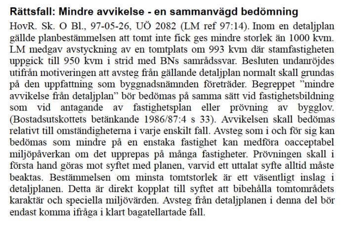 Utskrift av text om rättsfall gällande minsta avvikelse från detaljplaner, med hänvisning till Lantmäteriets Handbok.