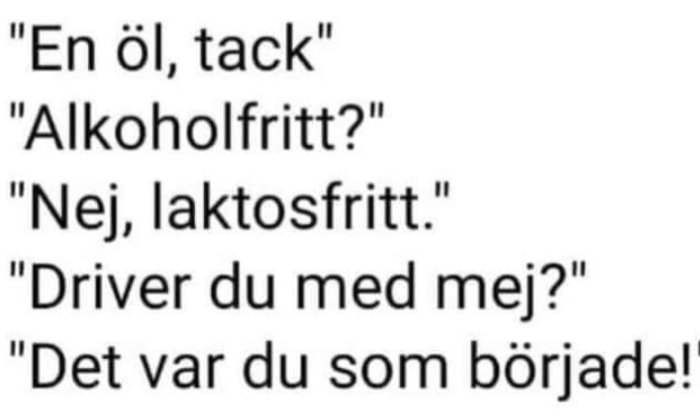 Textdialog om ölbeställning med missförstånd gällande "alkoholfritt" och "laktosfritt".