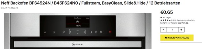 En Neff inbyggnadsugn med digital display annonserad för €0.65 på en webbsida