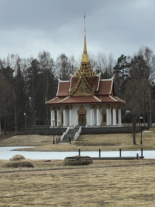 Thailändskt tempel med gyllene spiror i en park med spår av snö och bar mark.