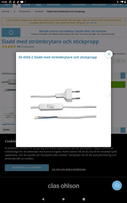 Elkabel med stickpropp, strömbrytare och avskalade ledningar för installation.