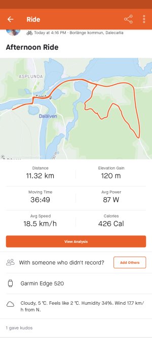Skärmavbild av aktivitetsapp som visar en cykeltur, med karta, distans, tid, hastighet och väderinformation.