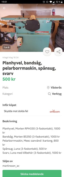 Turkos planhyvel i arbetsrum med tillbehör och prislappar synliga.