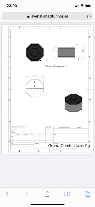 Ritning av en oktagonal Grand Comfort isolerad badtunna med mått och teknisk specifikation.