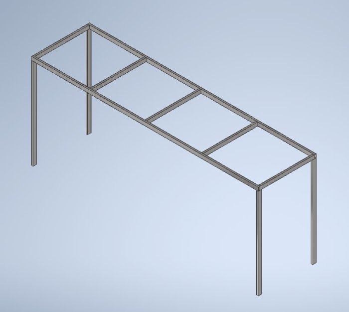 3D-CAD-modell av en enkel metallramkonstruktion med stödstagen.