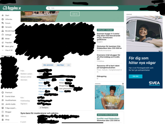 Skärmdump av ett diskussionsforum där anonymiserad användarprofil och inlägg visas, blandat med forumets layout och annons.