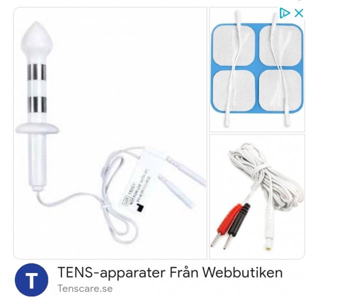 TENS-apparater med tillhörande elektrotillbehör inklusive elektrodpads och sladdar.