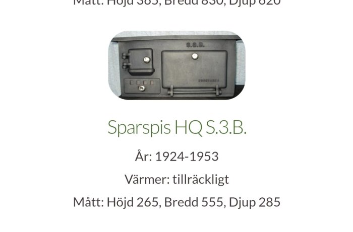 Sparpis modell HQ S.3.B. från åren 1924-1953 med mått som beskrivs i texten.