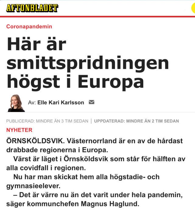 Skärmdump av en nyhetsartikel på Aftonbladet om hög smittspridning i Europa.