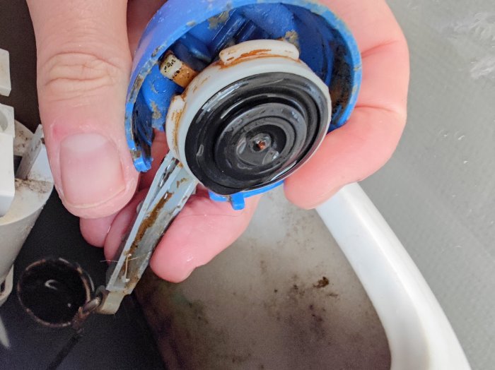 Hand håller en toalettflottör med synlig gummipackning och avlagringar.