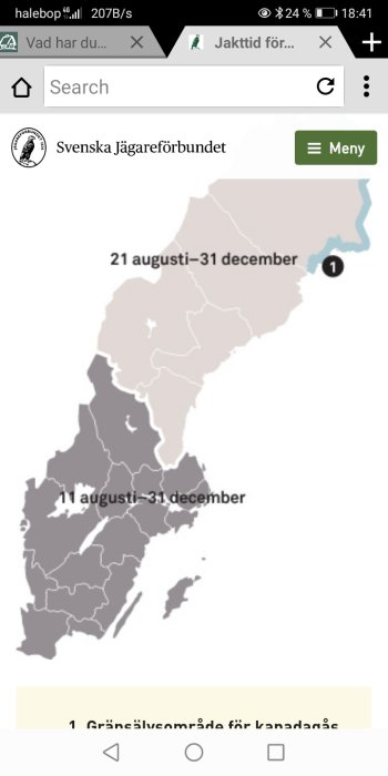 Karta som visar jaktperioder för kanadagäss i olika delar av Sverige, märkt med datum.