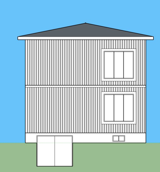 Skiss av ett hus med suddiga linjer, där linjer och fönster verkar flyta ihop, i en PDF-ritning.