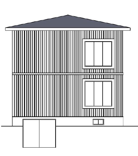 Ritning av ett tvåvåningshus med synliga otydliga linjer och "kladdiga" detaljer, vilket indikerar ett problem med utskriftskvaliteten.