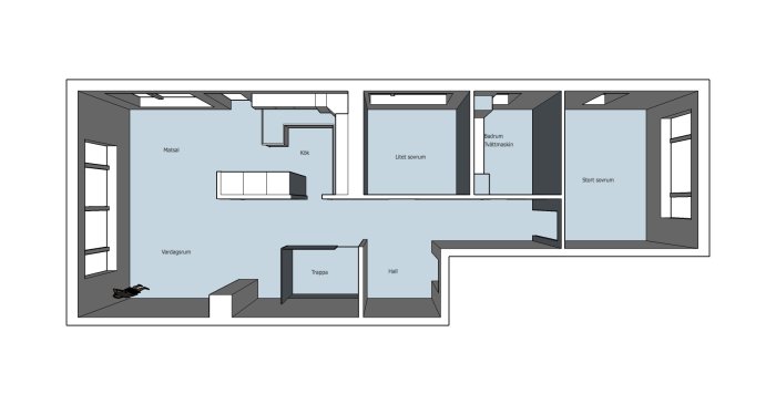 Ritning av etagelägenhetens övre plan med vardagsrum, kök, två sovrum och badrum.