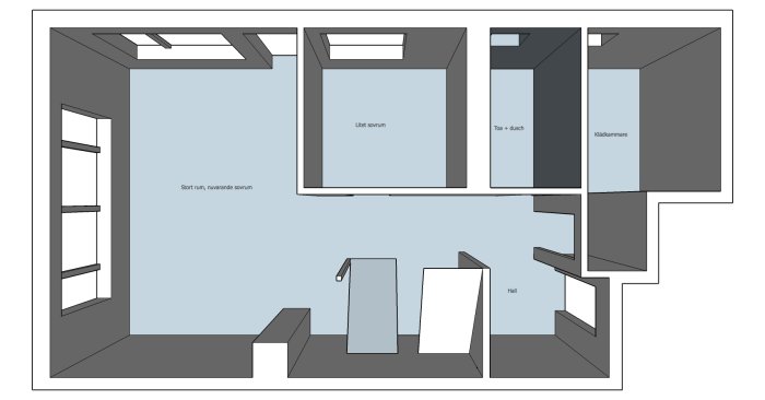 Planlösning av nedre våningen i en etagelägenhet med beteckningar för rum som stort sovrum, litet sovrum, toalett med dusch och klädkammare.