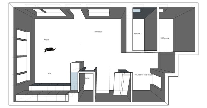 Ritning av en planlösning med kök, skafferi och trapp, samt utrymmen märkta som hallförvaring och toa/dusch.