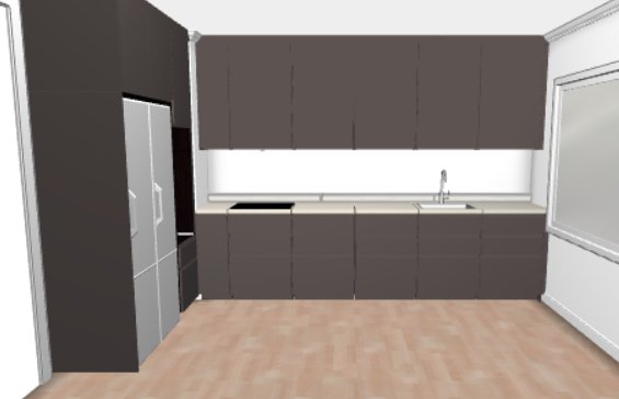 3D-rendering av ett kök med grå Voxtorp-luckor, enkel diskho, spishäll och en hylla längs väggen.