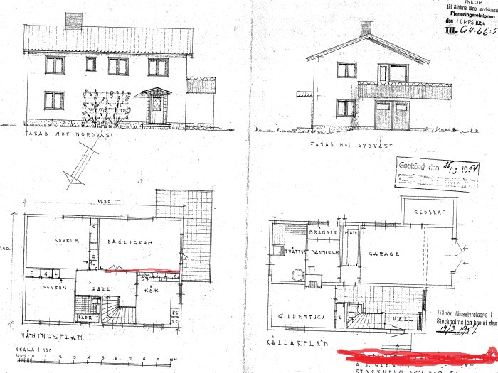 Arkitektritningar av ett hus, inklusive fasadvyer och planlösning, med en markerad röd vägg för öppning.