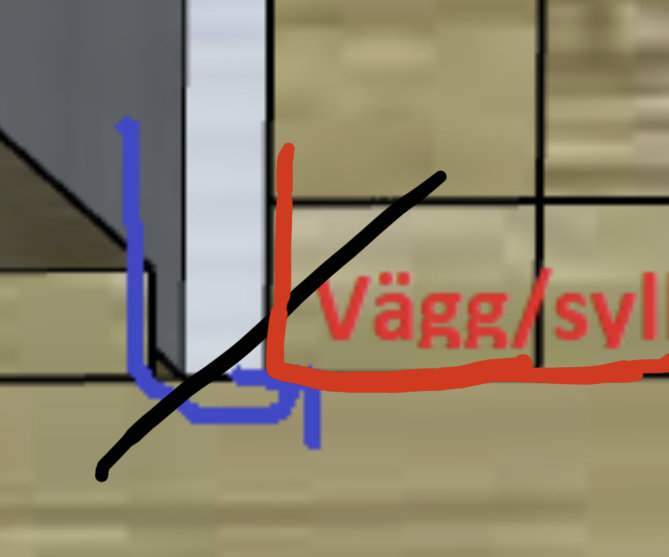 Skiss av byggdetalj med markerade paneler och syllpapper, rött för syllpapper och svart för snedkapad panel.