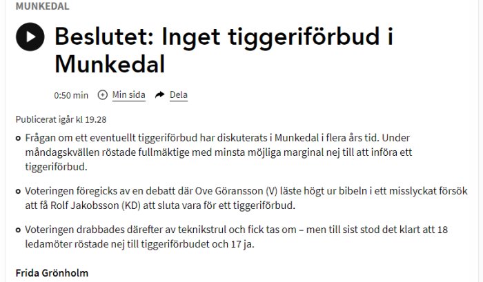 Skärmdump av en nyhetsartikel med texten "Beslutet: Inget tiggeriförbud i Munkedal".