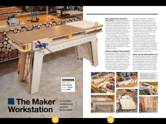 Artikel om en mångsidig arbetsbänk för snickeri med tillbehör och inställningsmöjligheter, benämnd "The Maker Workstation".