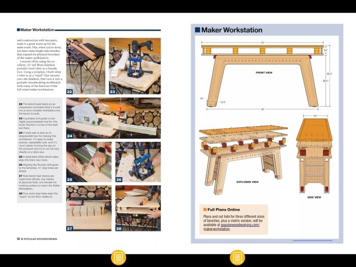 Illustration och foton av en maker-arbetsstation med ritningar och byggsteg.