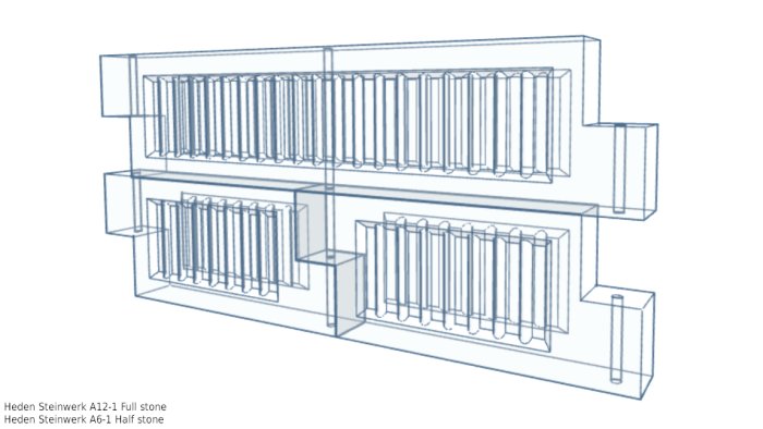 Teknisk illustration av armerade lättbetongblock med dubbelt armeringsnät, avsedda för stödmurar.