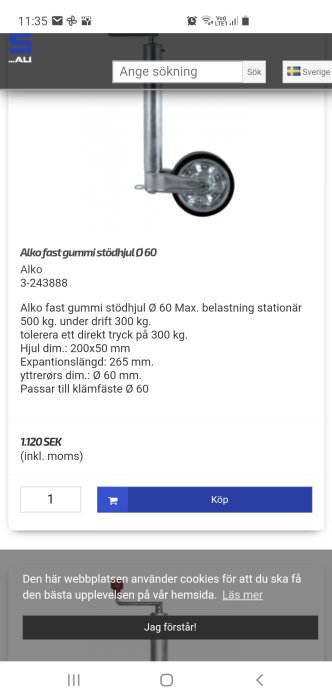 Alko fast gummistödhjul för klämfäste på en produktsida med prisangivelse.