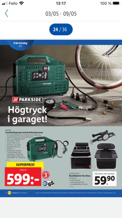 Reklamblad som visar en Parkside högtryckstvätt och tillbehör, prissatt till 599:- med "SUPERPRIS" etikett.