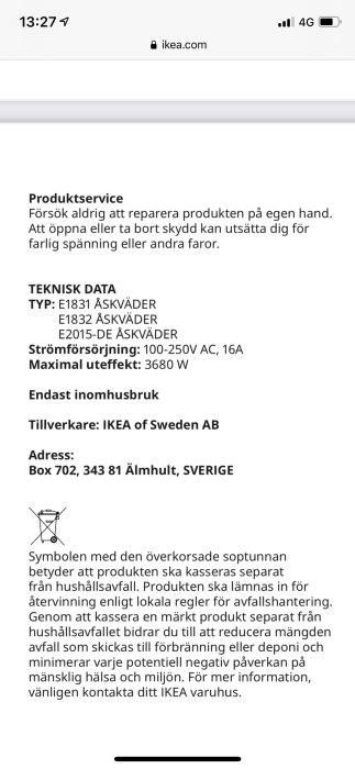 Skärmbild av IKEA.com med varningsinfo och tekniska data för produktserien ÅSKVÄDER.