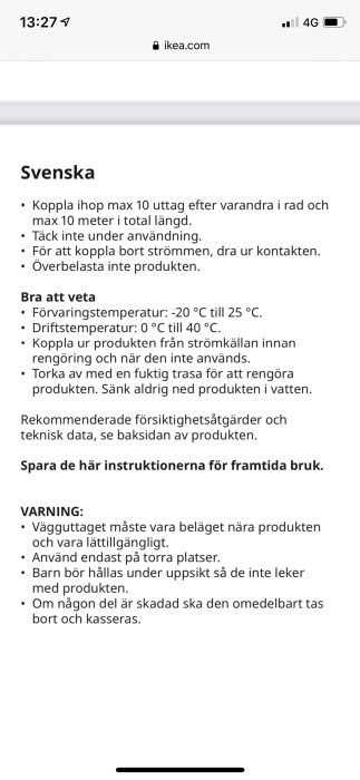 Användarmanual på svenska med instruktioner för en produkt från IKEA visad på en mobilskärm.