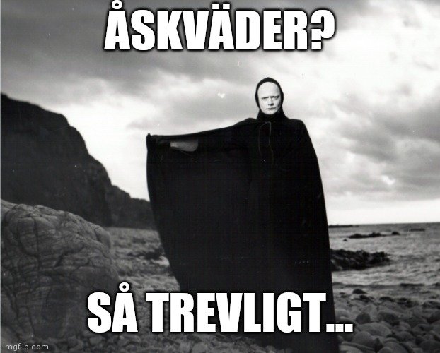 Person utklädd i svart mantel på strand med molnig himmel, texten "ÅSKVÄDER? SÅ TREVLIGT...